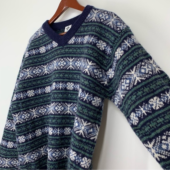 Vintage Columbia Men’s 100% Wool Fair Isle Sweater V-Neck Fuzzy Stripe Sz Large - Picture 5 of 16